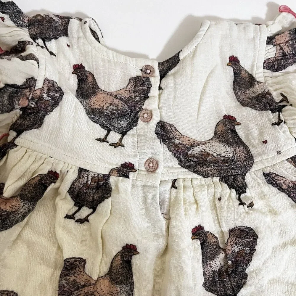 Pink Chicken Dress and Bloomers Set Chickens Print Gauze Girls Size 12-18 Months